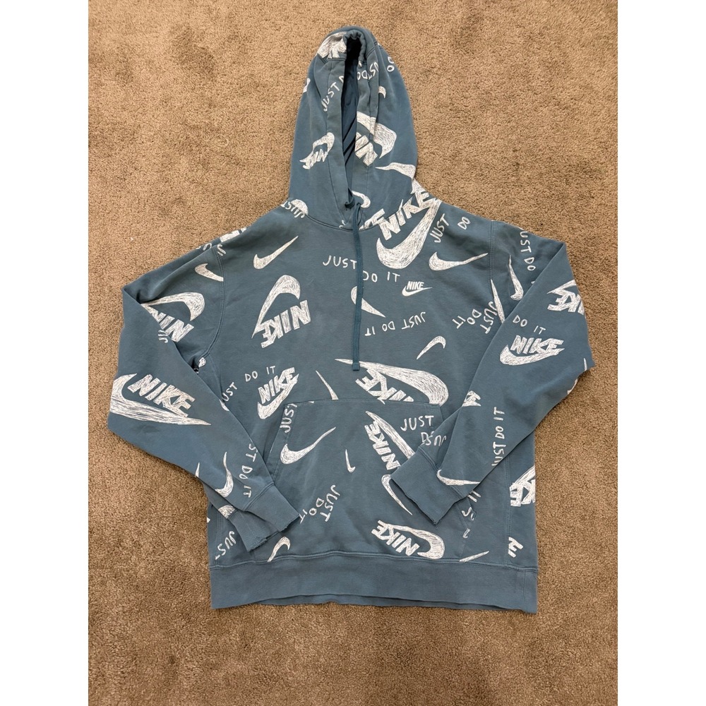 Nike Hoodie Mens Medium Teal Blue Good Sketch All Over Print CU4341-058